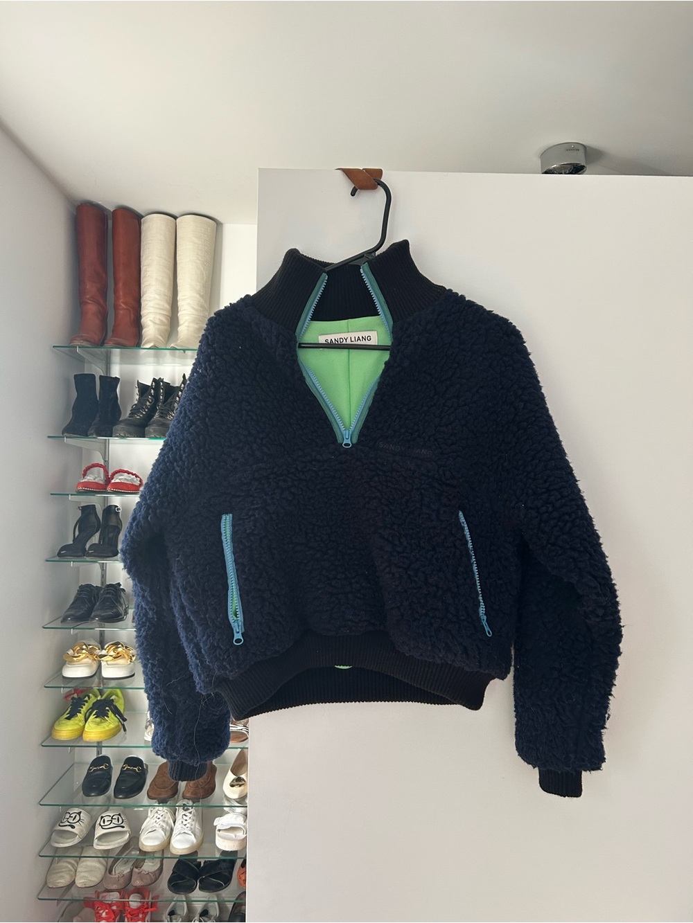 Sandy Liang Navy Sherpa Pullover Jacket with Mint Zipper Accents